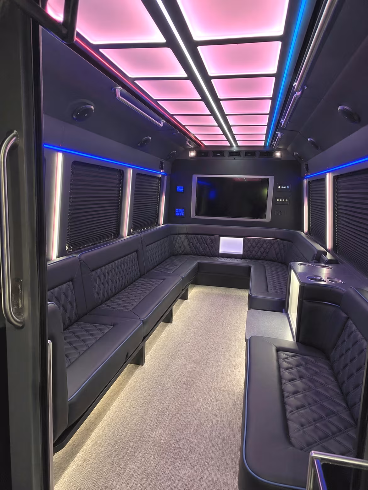 Interior of a party bus rental serving San Jose